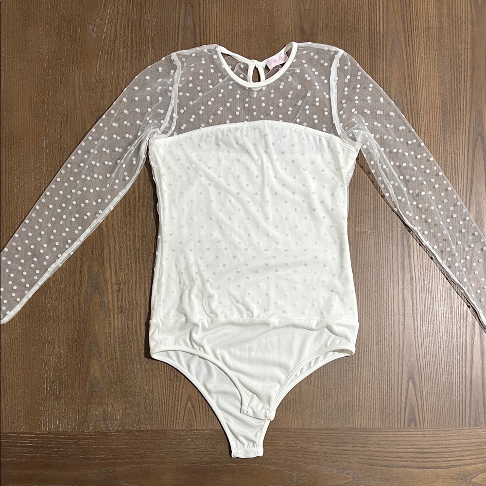 Women’s White Sheer Polka Dot Long Sleeve Bodysuit - Small - NWOT